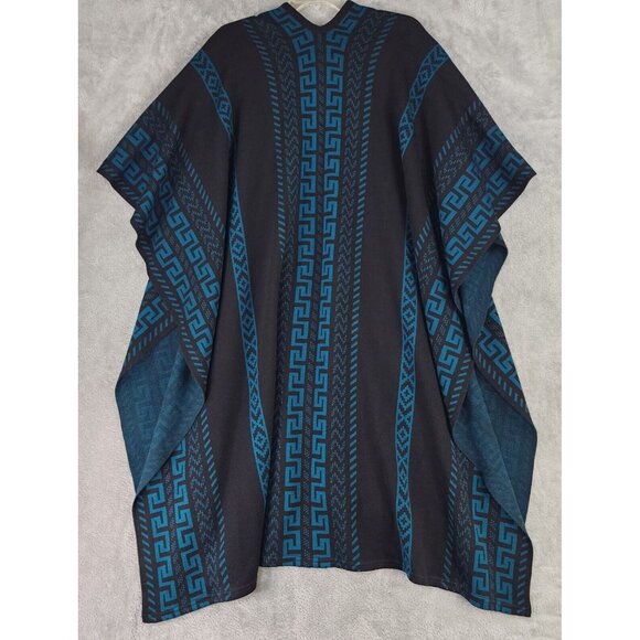 Womens Cape Coat One Size Black Blue Aztec Print Mexican Poncho Coatigan - Picture 2 of 9